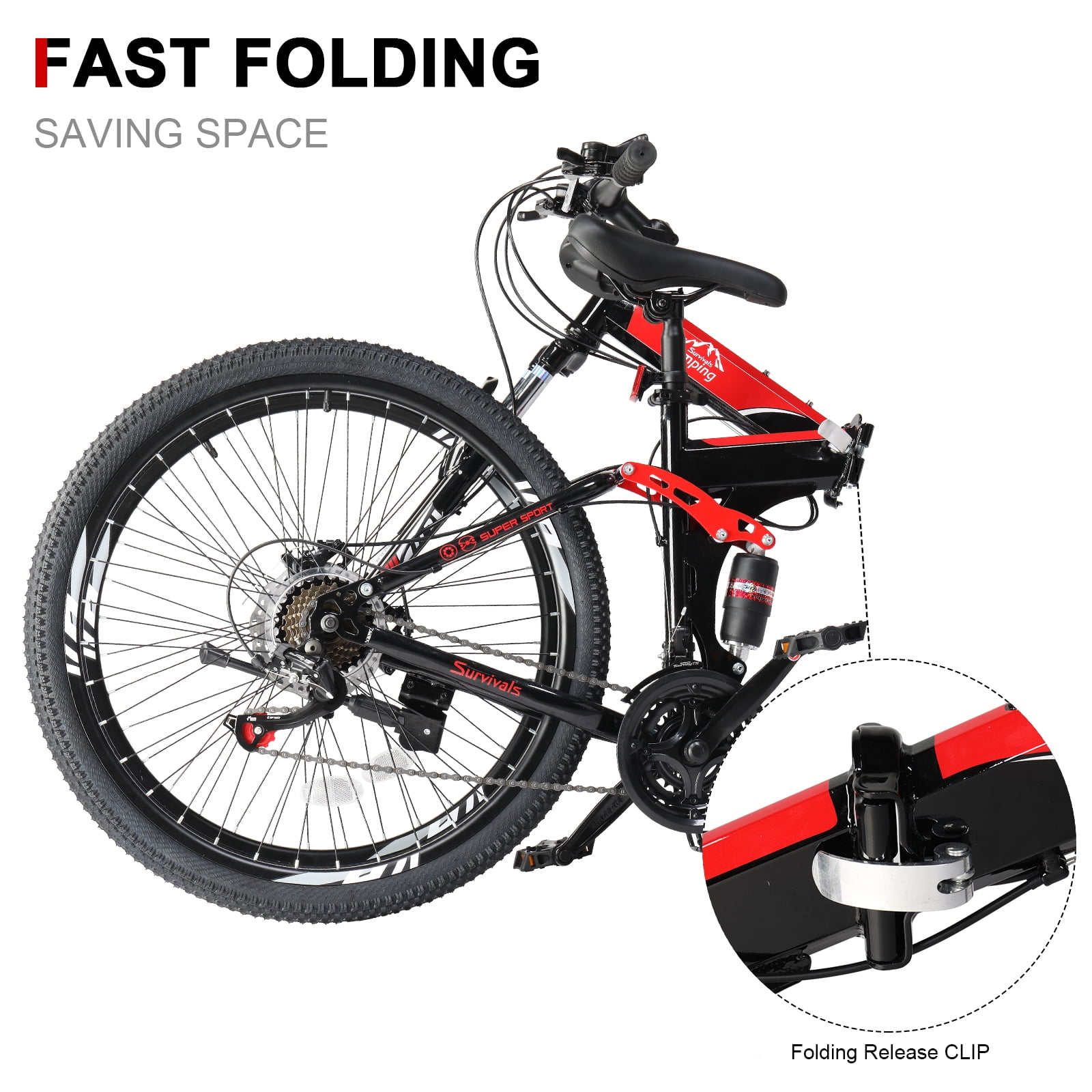UBesGoo Folding Mountain Bike Shimano 21-Speed, with 26 inch Wheels, Red&Black