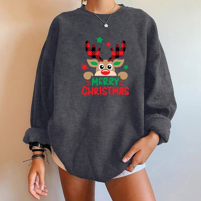 2023 Chandail en Molleton de Noël pour Femmes en Liquidation Col Rond Imprimé Manches Longues Blouse Régulière