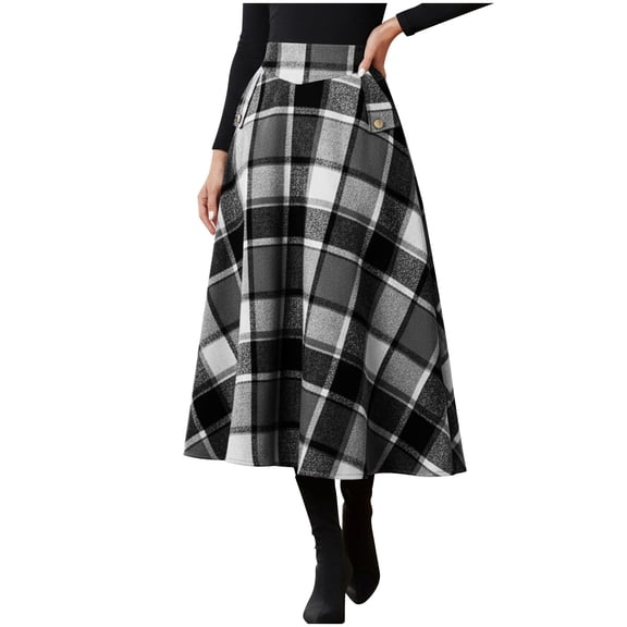 QSAWXQZ Women's Plaid Flared Midi Skirt Button A Line Casual Fall Skirt with Pockets for Spring Black M