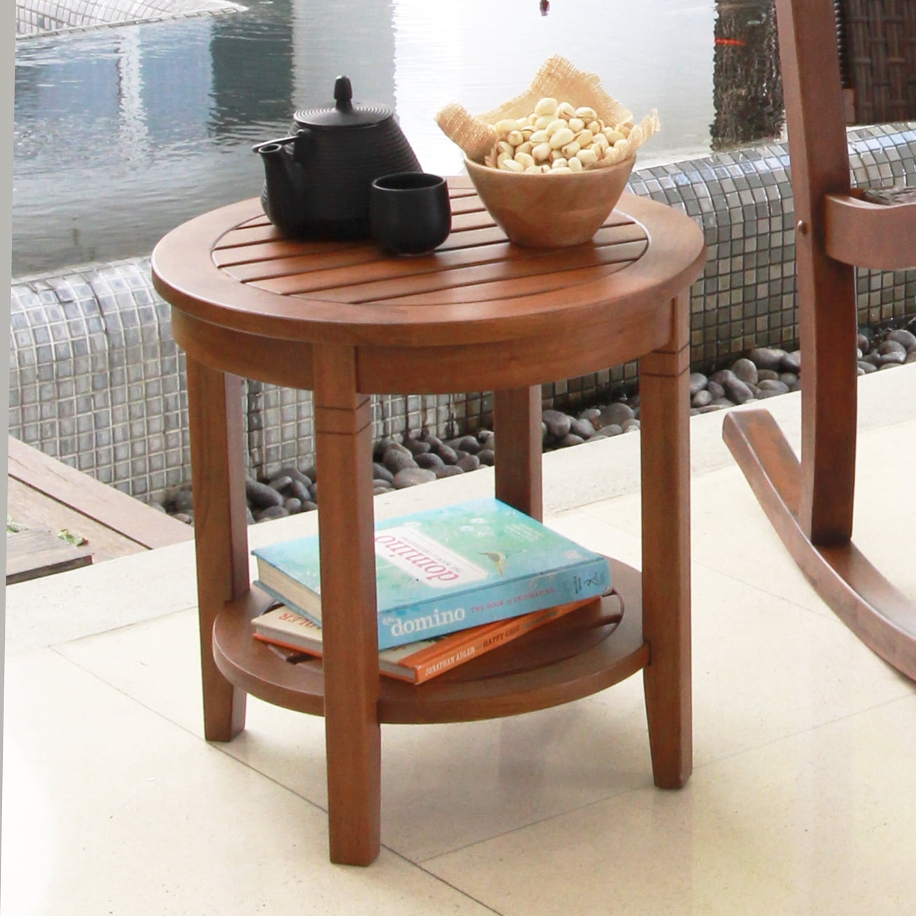 Alston Solid Wood Round Patio Side Table Natural Brown Finish