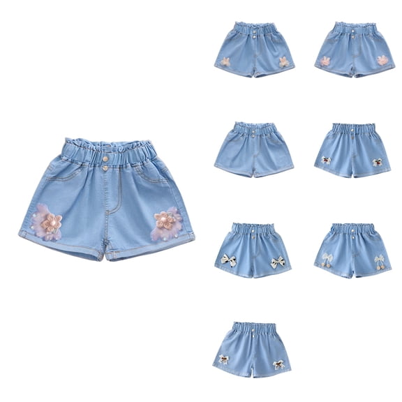 Antinious Toddler Girls Solid Denim Sequin Stretch Trendy Casual Wide Leg Shorts Jeans