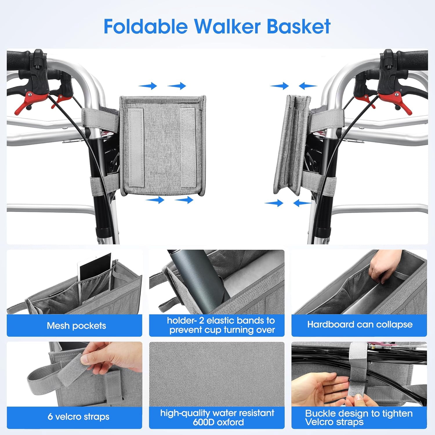 KitchenKey Upgraded Walker Basket with Cup Holder, Foldable Walker Bag with Large Capacity & Never Tipping Over, Not Fit for Rollator - Grey