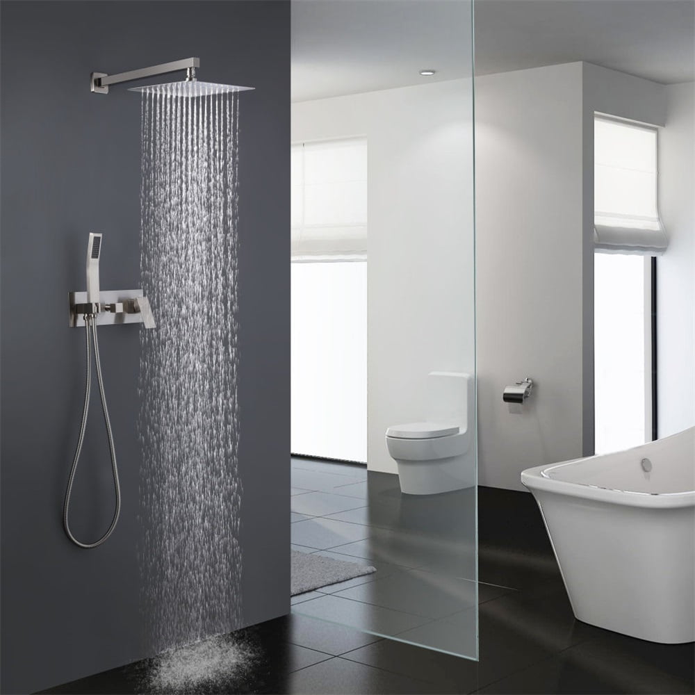 Kepooman 10" Brushed Nickel Shower System for Bathroom, Wall Mounted Rainfall Shower Head System for Home