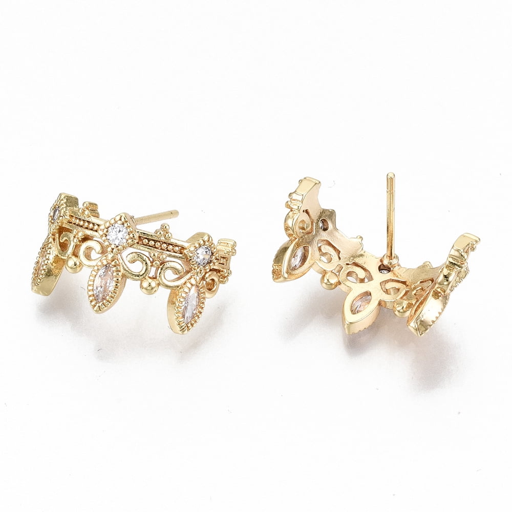 30 pc Brass Micro Pave Clear Cubic Zirconia Stud Earrings Nickel Free Crown Real 18K golden Plated 9.5x18mm Pin: 0.7mm