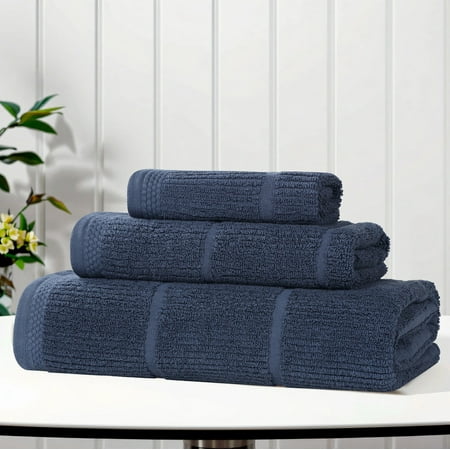 Superior Milo Smart Twist Cotton Medium Weight 3 Piece Towel Set, Navy Blue