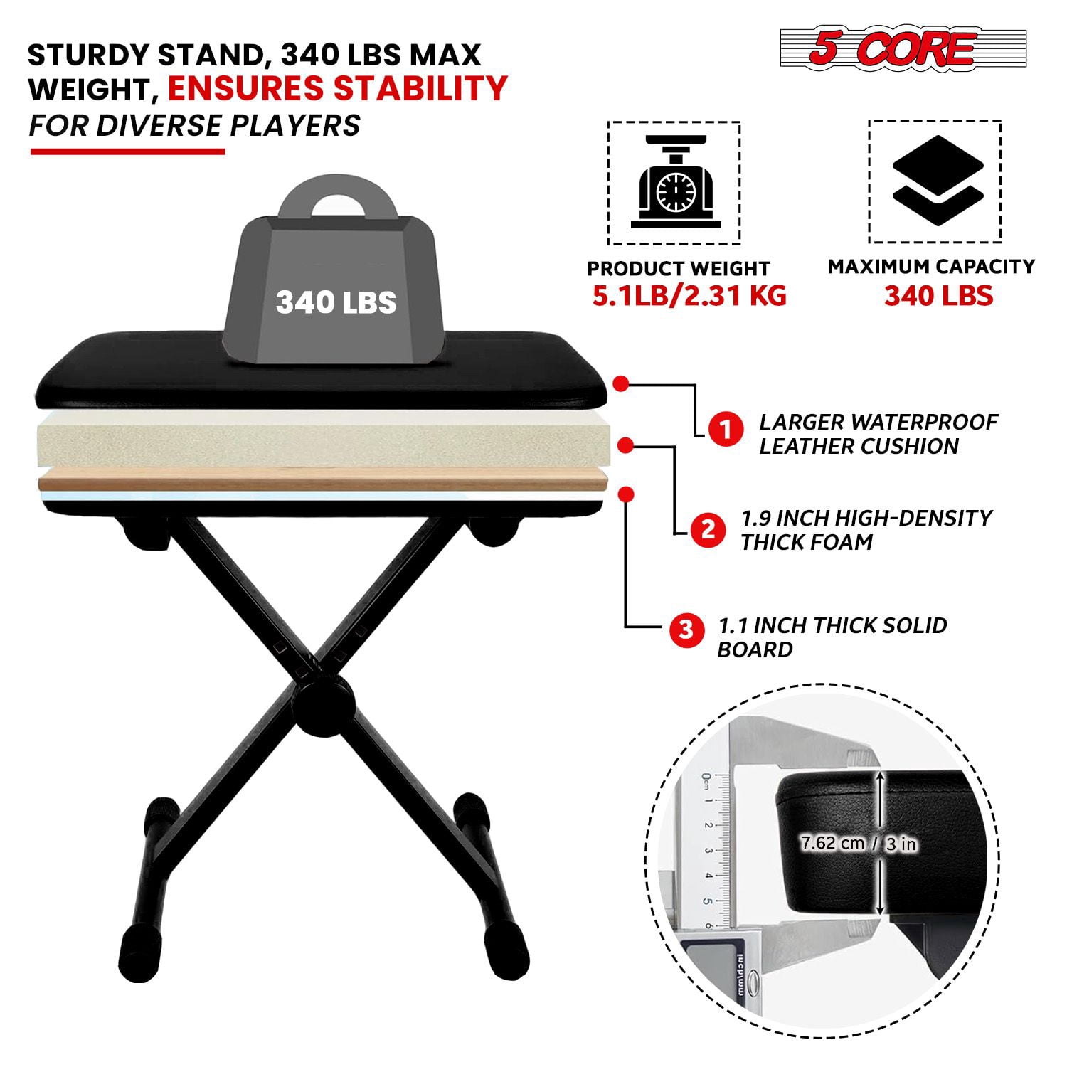Keyboard Bench X Style Piano Stool Thick Padded Max 20.5 inch Height Adjustable Keyboards Chair,Black