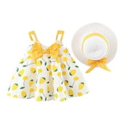 Fesfesfes Toddler Kids Dress Baby Girl Summer Bow Print Suspender Dress With Hat