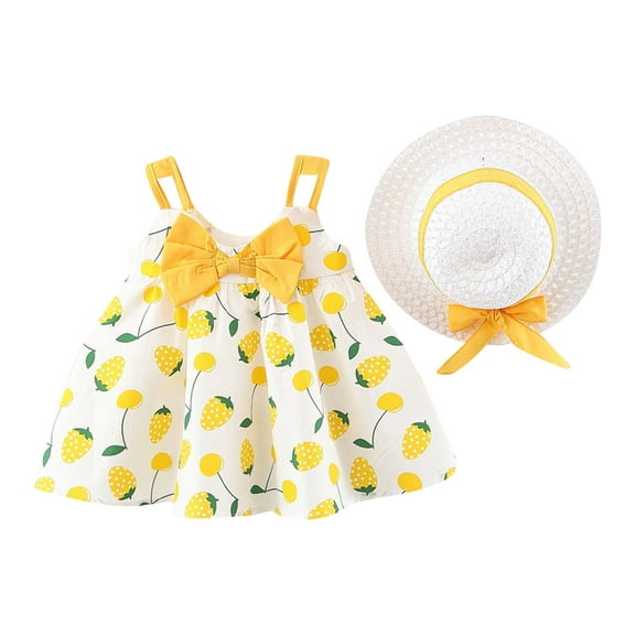 Odeerbi Toddler Girl Summer Beach Dress with Sun Hat Kids Baby Bow Print Suspender Dress Hat Suit Yellow