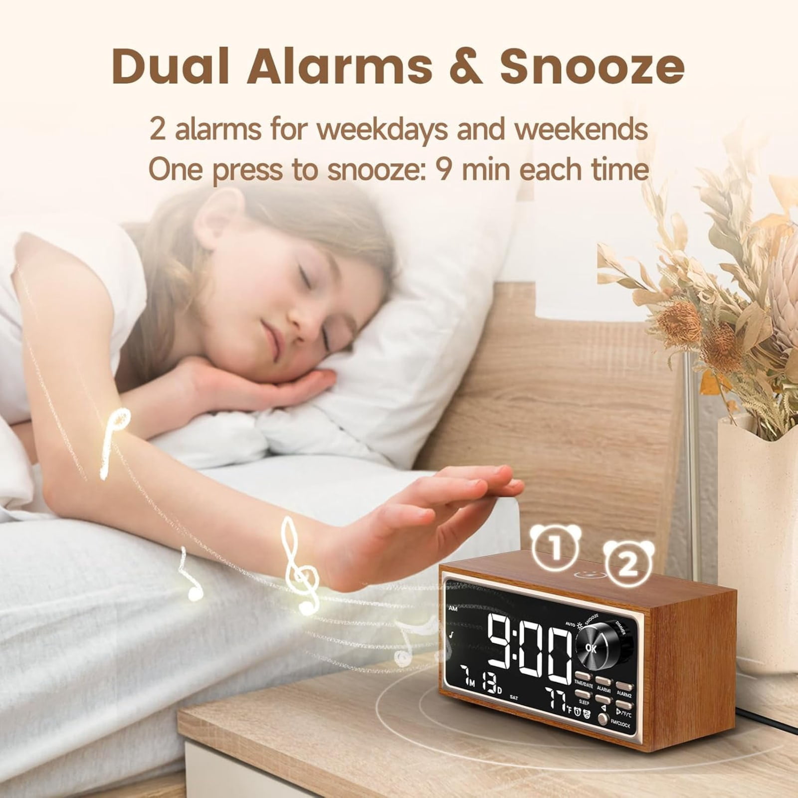 ZHENYEMEI Digital LED Alarm Clock, Vintage Alarm Clock Radio with Fast Wireless Charging, White Noise Sound, Dual Alarms, Temperature display, Dimmer Control,Auto-Dimming, Retro Clock for Bedroom