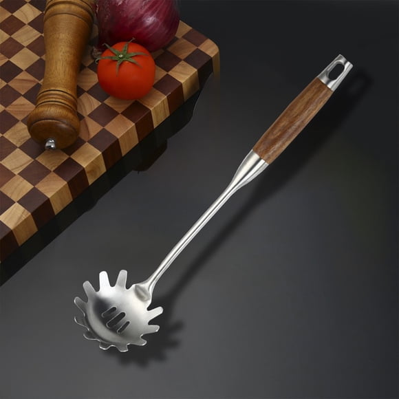 Xihbxyly Cuchara para Pasta de Acero Inoxidable, Mango de Madera Resistente Al Calor, Práctico Colador, Borde Dentado para Colar Fácilmente, Herramienta de Cocina Multiusos, Duradera, Tamaño 35,2 X 8