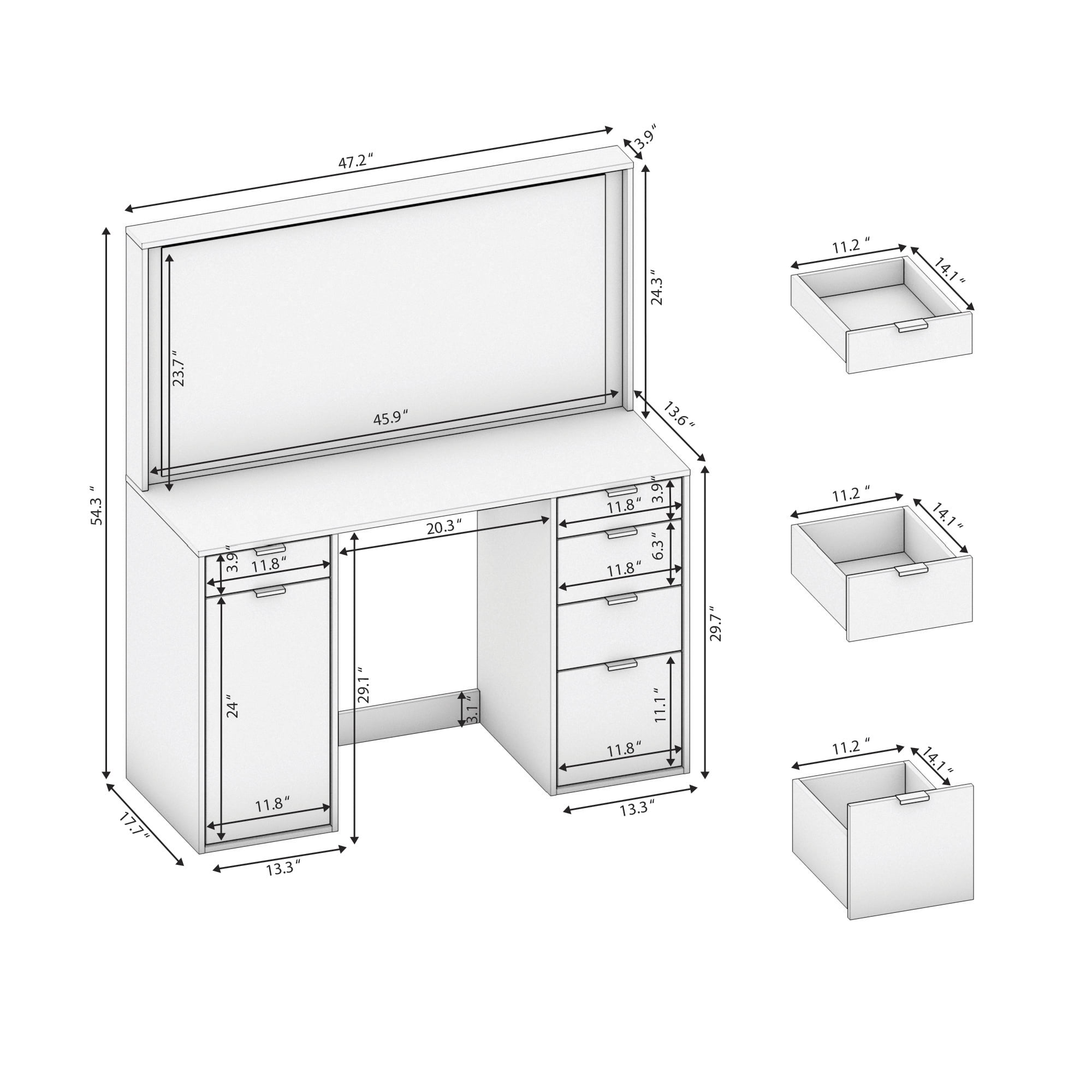 Kappesberg Mosi White Vanity Desk with LED Mirror, 5 Drawers & 1 Door – 47.7"W