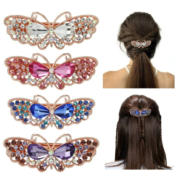 4 Pack Retro Rose Gold Glitter Sparkly Jeweled Gems Crystal Rhinestones Butterfly Metal French Barrettes Alligator Snap Hair Clips Accessories for Women Girls