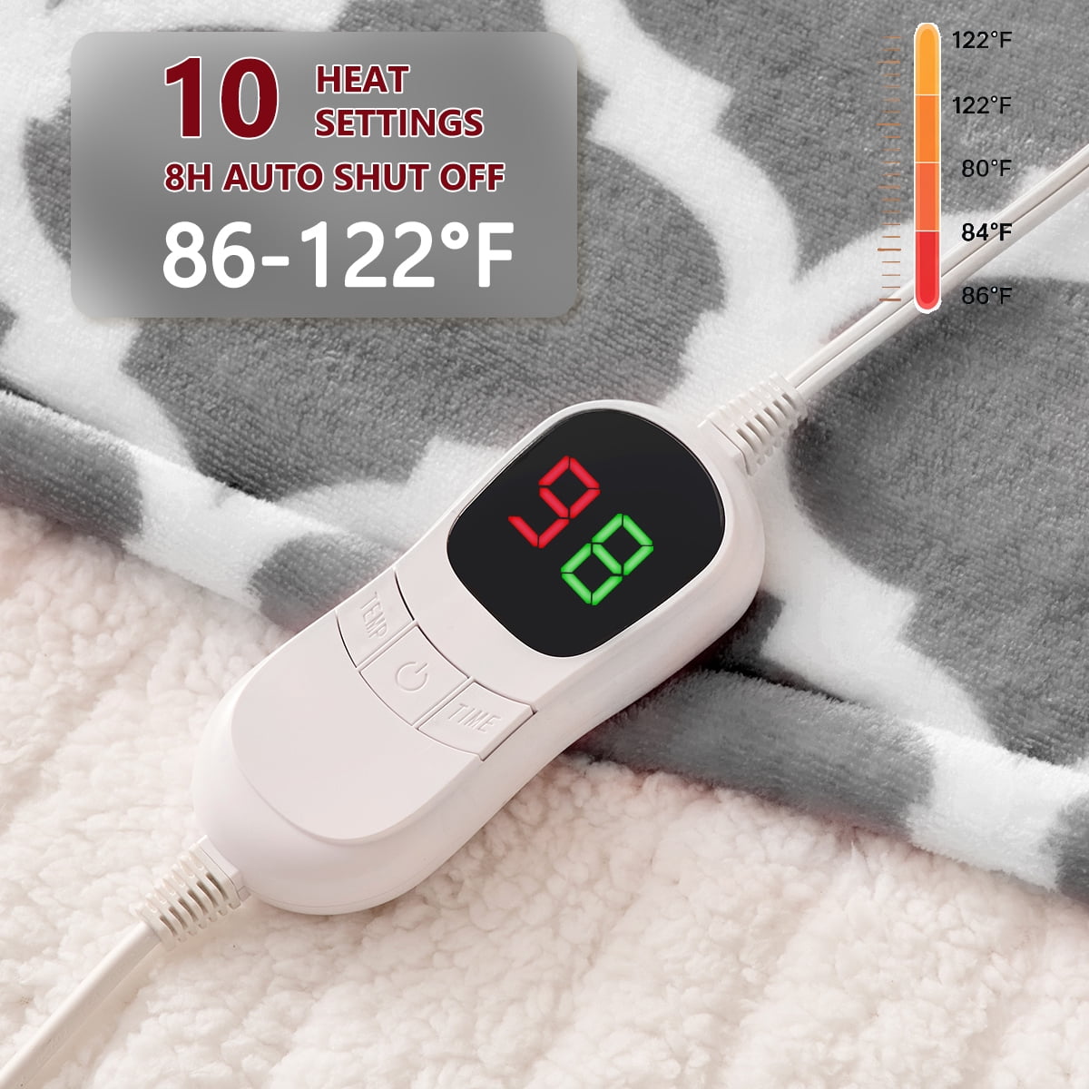 Heated Blanket Electric Queen 84X90, Heating Throw with 10 Levels 8 Hours Auto Off, Grey Soft Cozy Flannel Blanket Winter Warmer, Heated Protection ETL Certification Keep Warming in Home