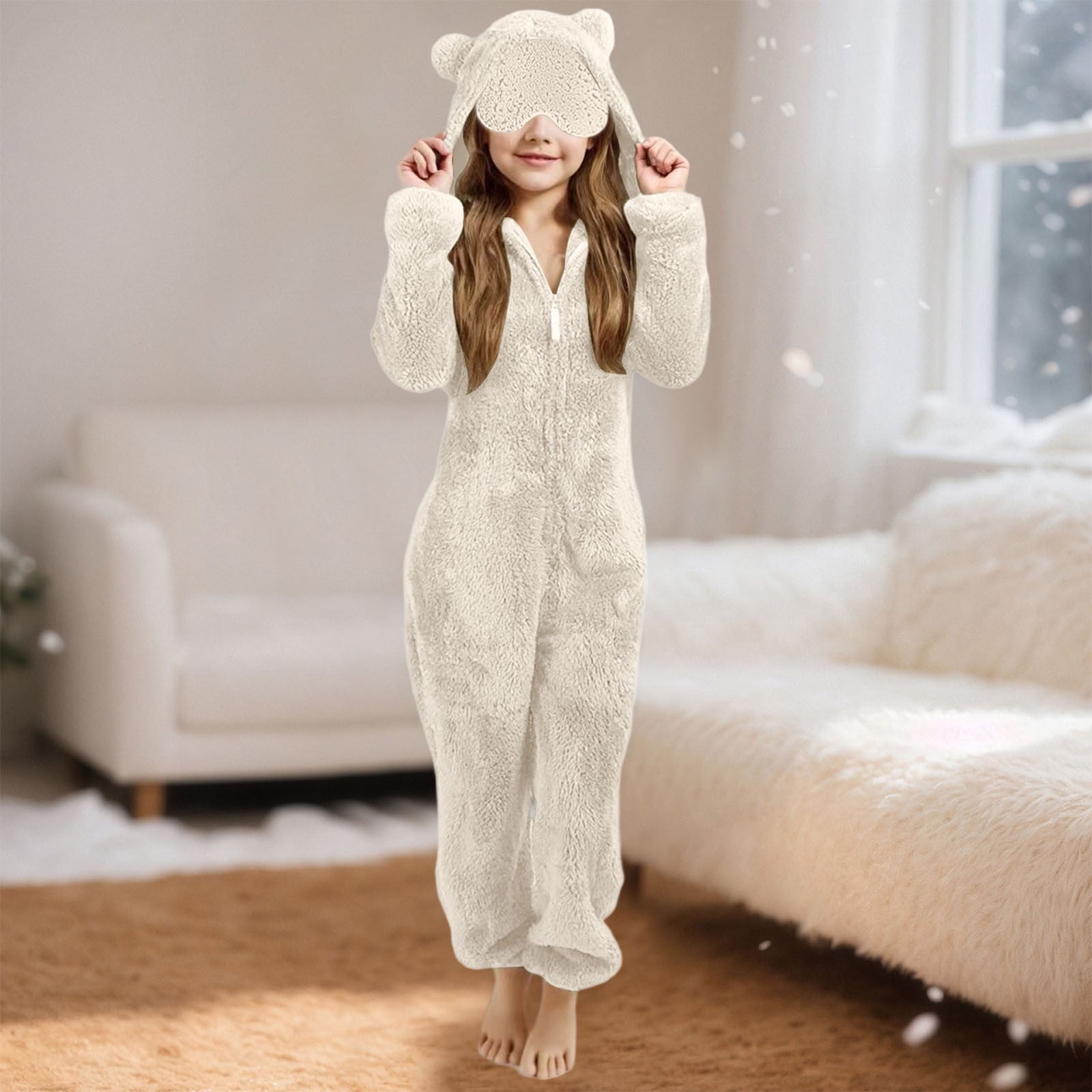 YunPes Kids Fleece Onesie for Girls Long Sleeve Zip-Front Plush Animal Jumpsuit Fuzzy Furry Sherpa Suits Cute Bear Hooded Romper