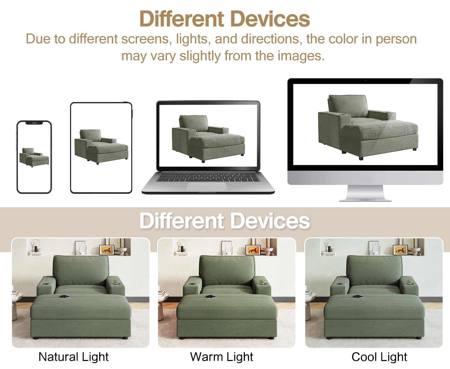 Chaise Lounge Chair, Oversized Sofa Bed with Storage Ottoman and Built-in USB Charging Port, Corduroy Upholstered Sleeper with Dual Cup Holders and Deep Seat, Reading Couch, Green