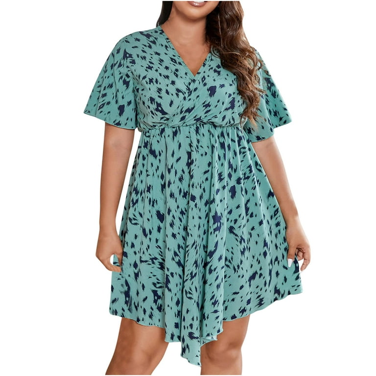 Summer Dress for Women 2023 Plus Size Casual Short Sleeve V Neck Printed Sleeve  Dresses Loose Dress Bohemain Beach Mini Sundress 