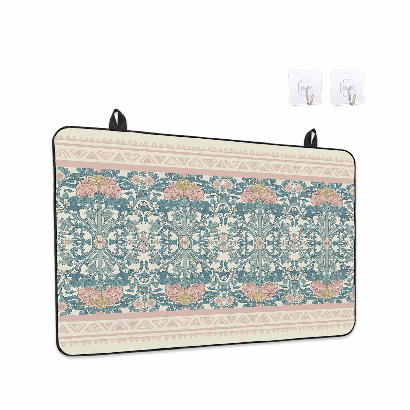 Teal Pink Geometric Stove Top Cover for Electric Stove, Heat-proof & Non Slip Glass Top Stove Cover Protector, Vintage Floral Watercolor Boho Kitchen Flat Cooktop Rubber Mat 24x21 Inches