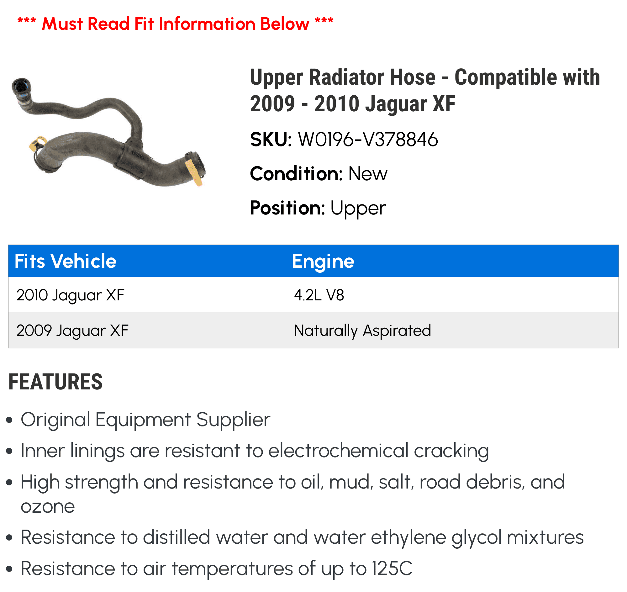 Upper Radiator Hose - Compatible with 2009 - 2010 Jaguar XF