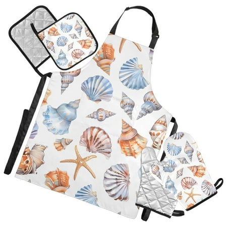 Beautiful Sea Shell 5 Pcs Kitchen Set Heat Resistant Oven Mitts and Non-Slip Pot Holders with Adjustable Cooking Apron