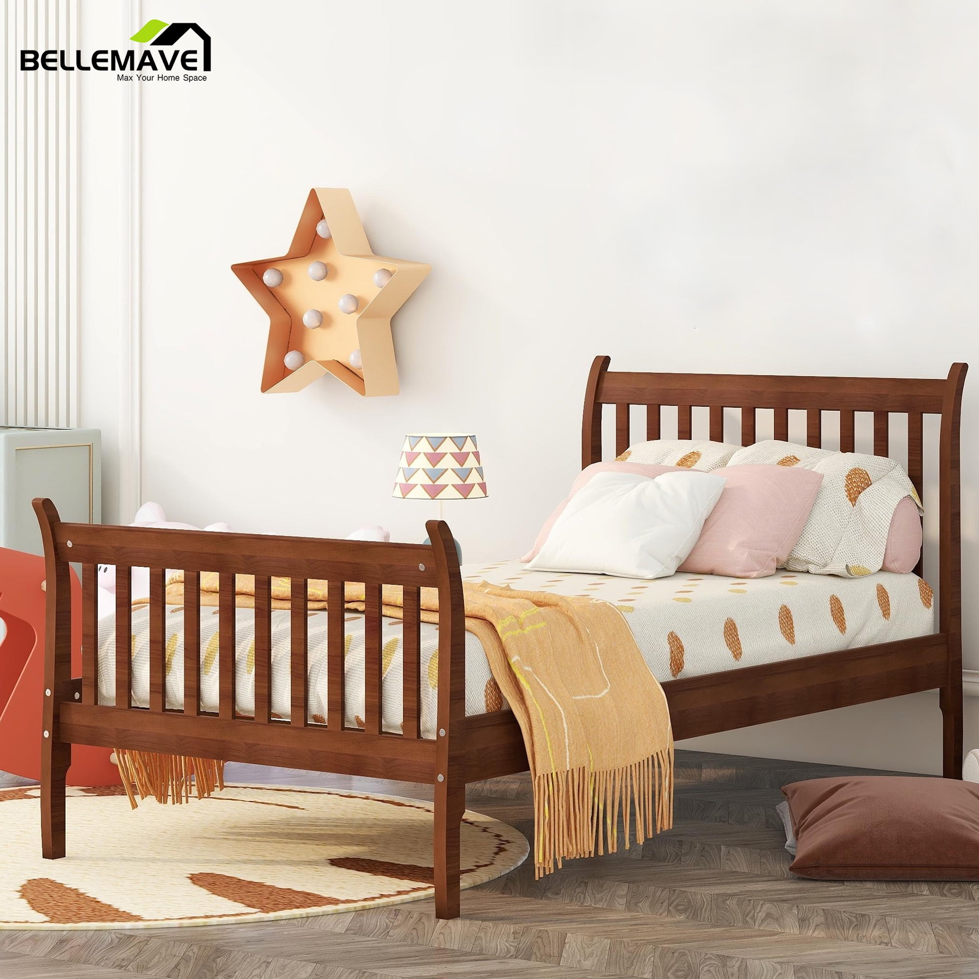 Bellemave Wood Twin Bed Frame with Headboard and Footboard, Kids Twin