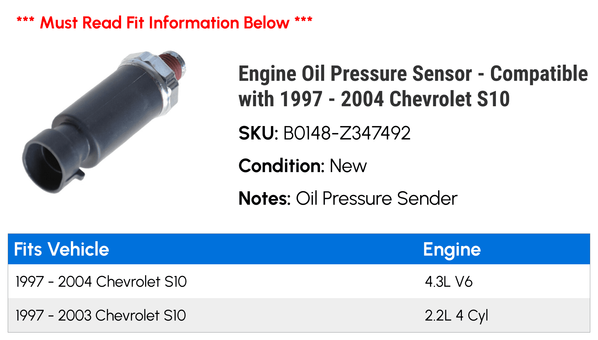 Engine Oil Pressure Sensor - Compatible with 1997 - 2004 Chevy S10 1998 1999 2000 2001 2002 2003