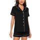 thumbnail image 2 of Conjunto de pijama sedoso de dos piezas, top de manga corta con pantalones cortos, cuello con muesca, ropa de dormir con botones, ropa de dormir para mujer, negro, XL, 2 of 6