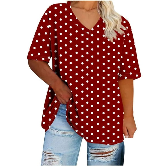 Qiopertar Plus Size V-Neck Short Sleeve T-Shirts for Women Oversized Casual Polka Dot Summer Tops Basic Comfy Loose Fit Blouses, Red 5XL