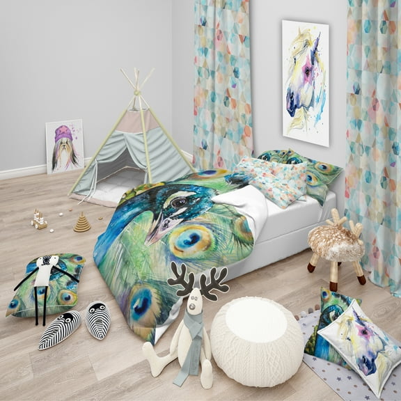 Designart 'Larger Peacock Watercolor' Modern kids Duvet Cover Set
