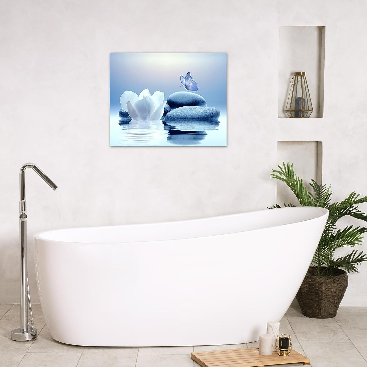 XUEHUAPIAOPIAO Zen Stone Flower and Butterfly on Lake Wall Art 16" x 12" Framed Canvas Prints