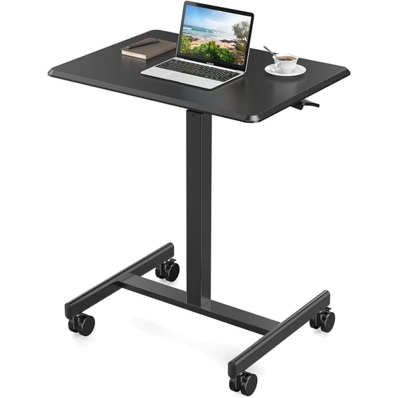 HarmonyStrings  Small Standing Desk Mobile Portable Rolling Laptop PC Table on Wheels Adjustable Height Computer Workstation for Home Office, 19 Inch-Black