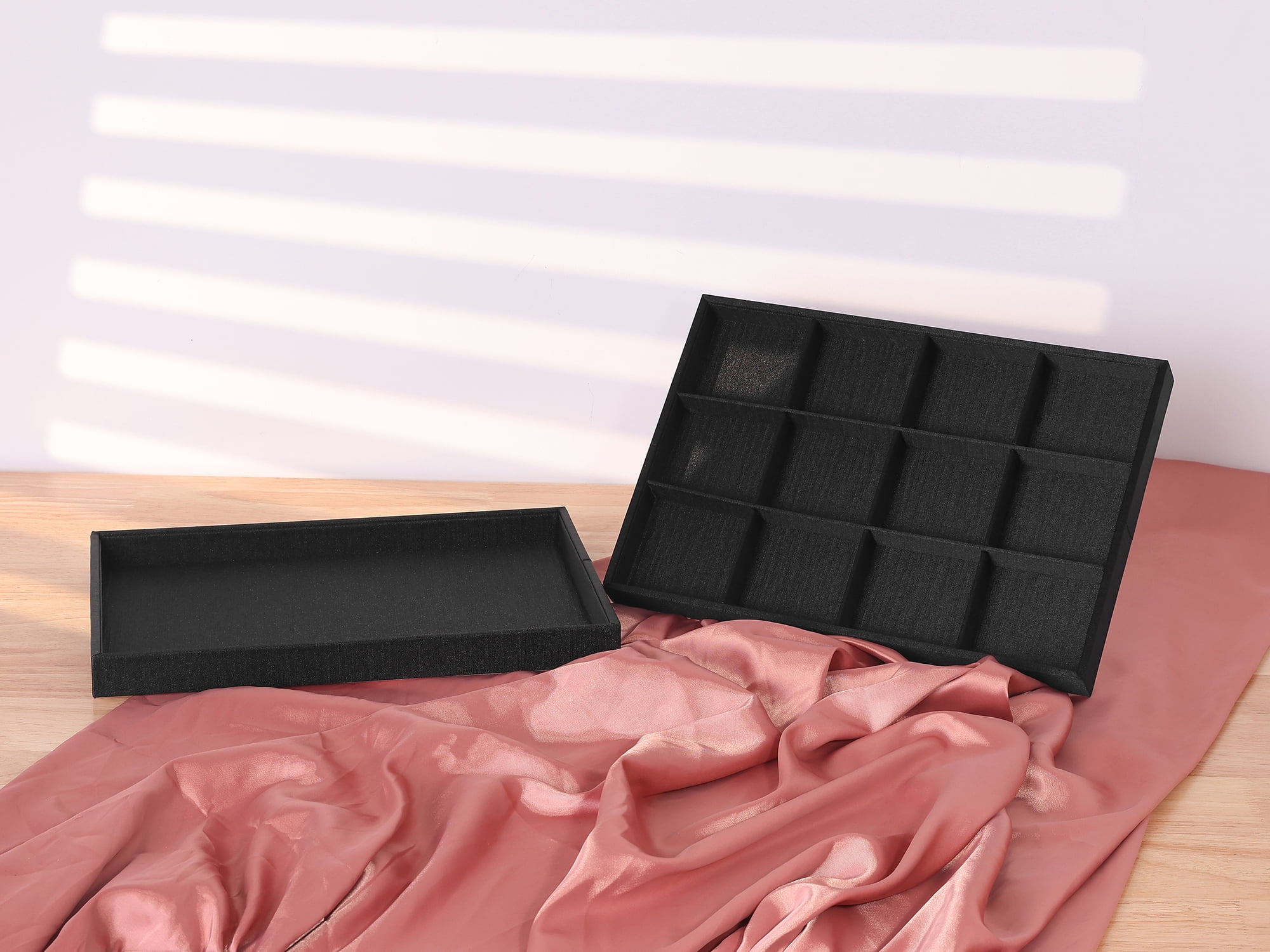 Unique Bargains Fabric Jewelry Boxes Organizer Trays with Removable Dividers for Drawers Black 12 Grid Tray