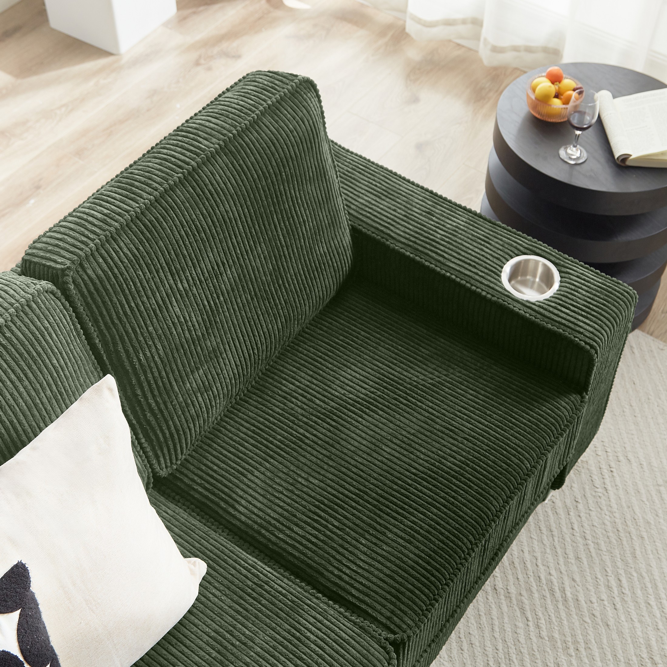 Aukfa 84" Corduroy Sofa with Cup Holders, Modern 3-Seater Fabric Couch for Living Room, Green