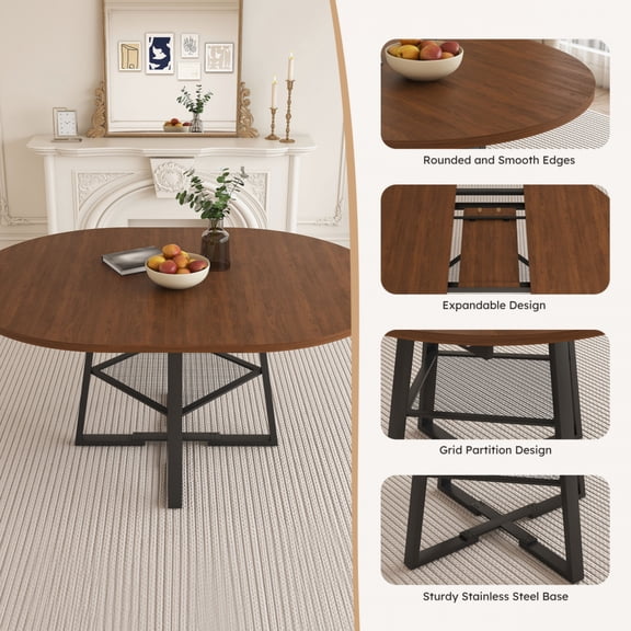 47 Inch Extendable Round Dining Table for 4 to 8 with Storage Walnut Finish Circle Dining Table with Metal Frame and Thickened Top Multi Functional Kitchen and Living Room Table