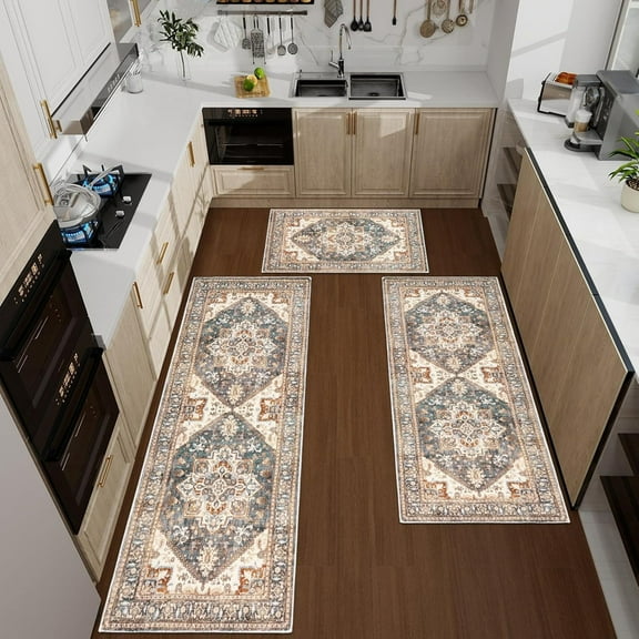 Boho Kitchen Mats for Floor 3 PCS, Non-Slip Kitchen Rug Sets, Waterproof Mats for Kitchen Floor, Farmhouse Washable Runner Rugs for Hallway Laundry Holiday Sink Decor (Brown, 20"x59" 20"x48" 20"x32")