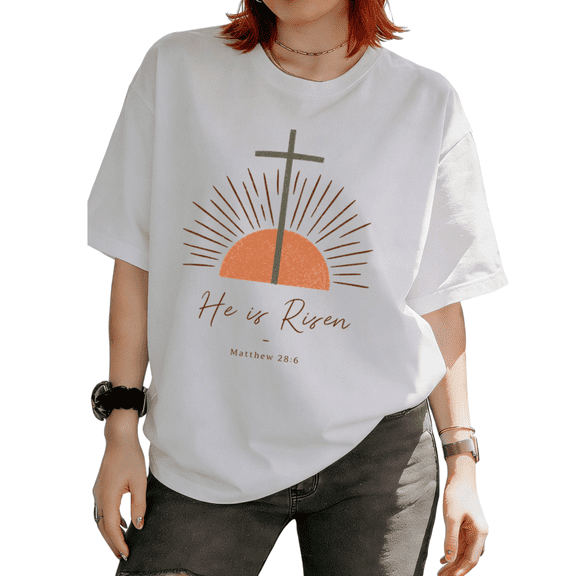 Cozymy Women's Vintage Distressed Sun Ray Cross Terracotta Easter Faith Graphic Short Sleeve T-Shirt Relaxed Fit Tees