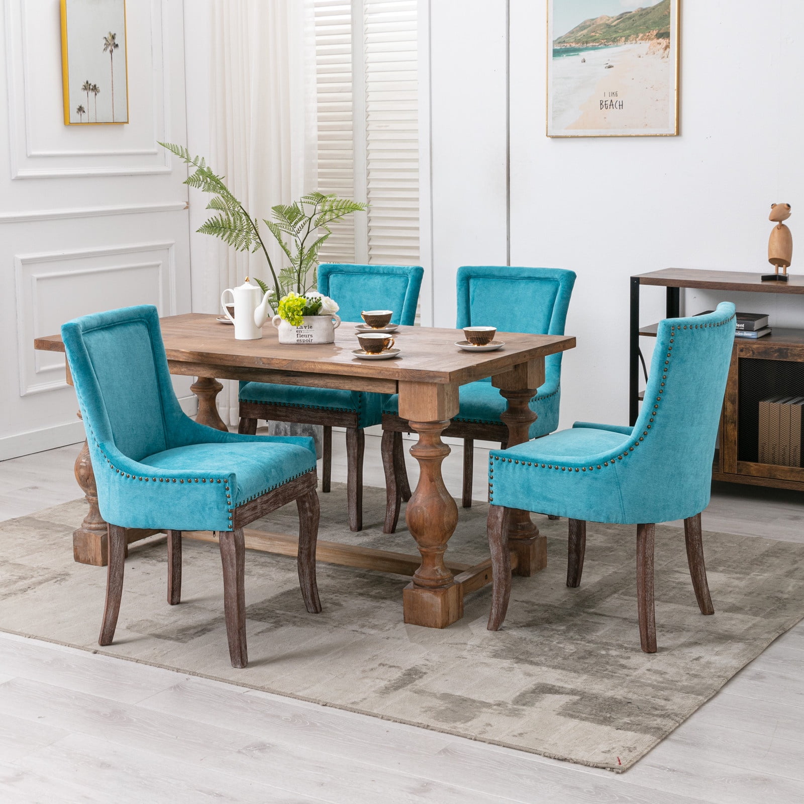 Dining Chairs Set of 2, LEGAHOME Blue Fabric Upholstered Dining Chairs, Mid-century Kitchen Chairs with High Back, Bronze Nail Head, Solid Wood Legs, Blue, 2 Pcs
