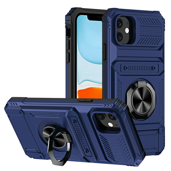 Dteck Card Holder Case for iPhone 11,Shockproof Silicone   PC Case Ring Stand Heavy Duty Drop Protection Wallet Cover for iPhone 11,Blue