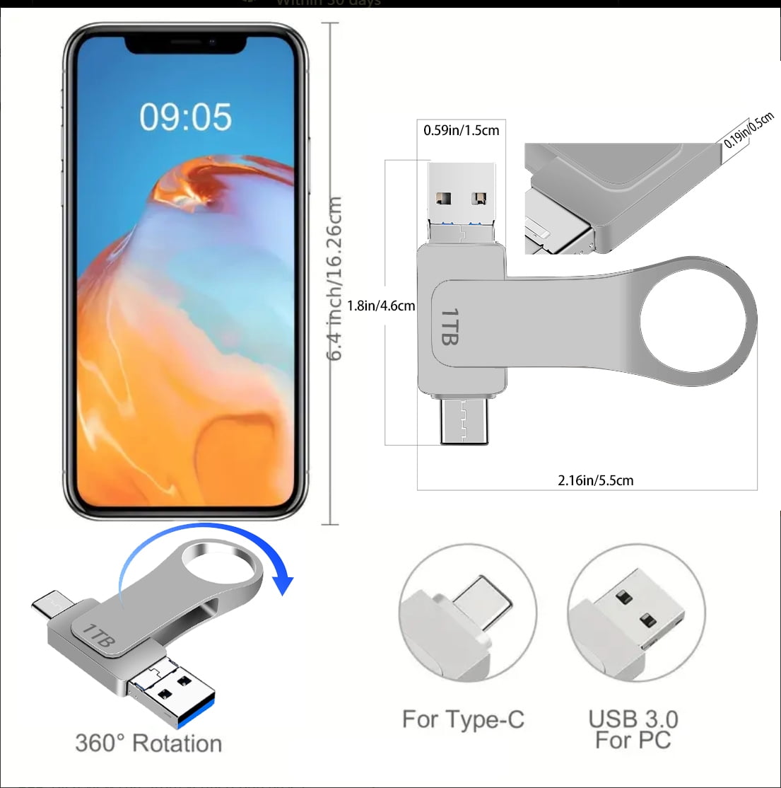Tersanhong 1 TB Dual USB 3.0 Type C Flash Drive External Drive for Android Phones,Laptop and PC