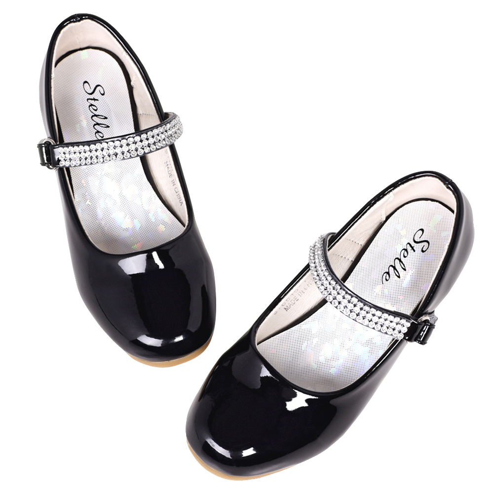 Stelle Girls Mary Jane Shoes Low Heel Princess Wedding Flower Girl Dress Shoes,Non-Slip Diamond Ankle Strap Party Flats for Kids,Black - image 2 of 6