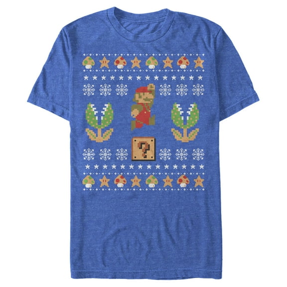 Men's Nintendo Ugly Christmas Mario Question Graphic Tee Royal Blue Heather Medium