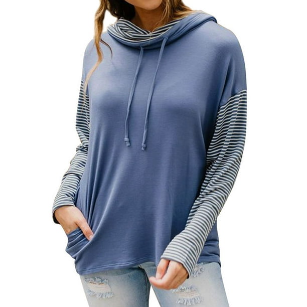 Nlife Women Cowl Neck Drawstring Stripe Splicing Hooded Sweatshirt with Pocket