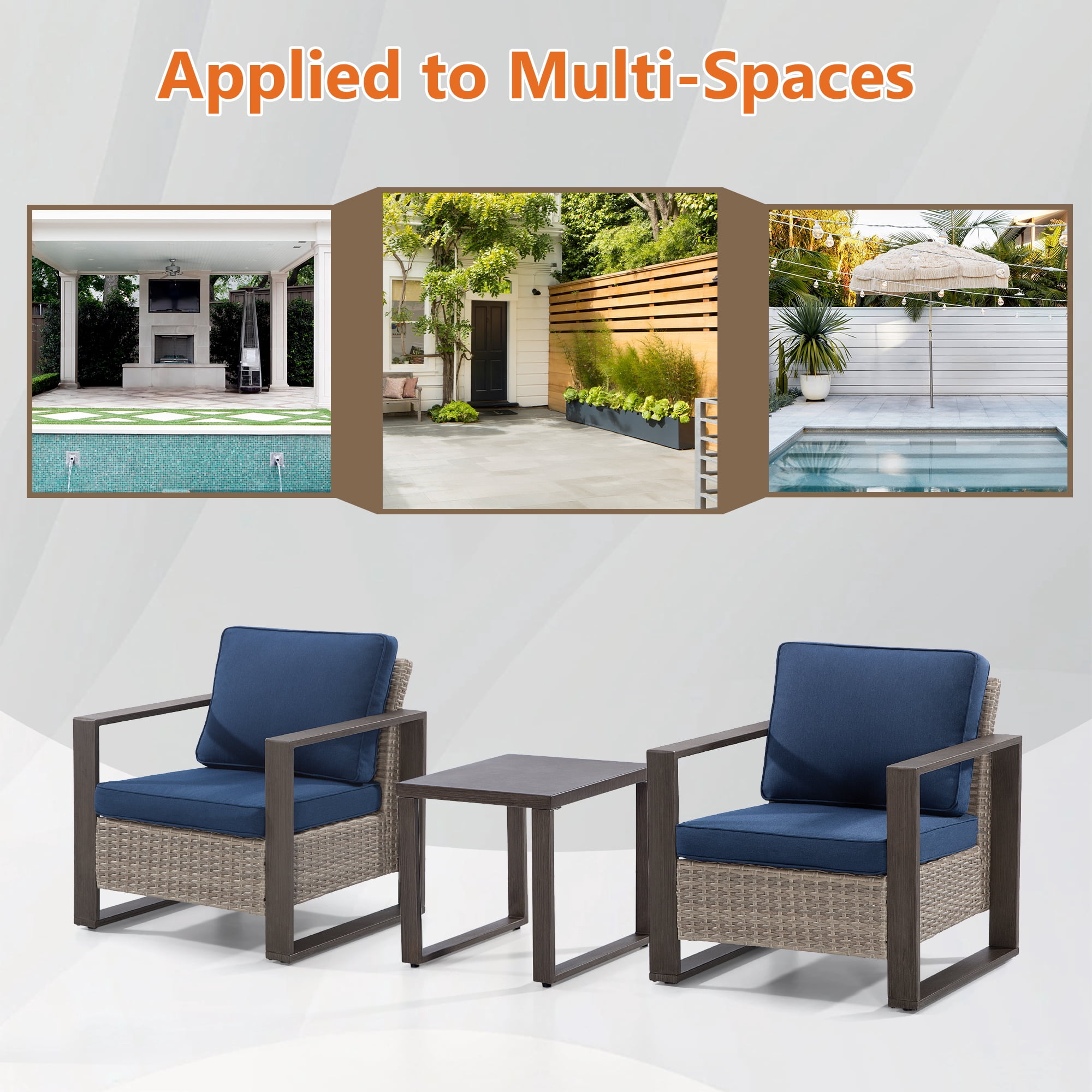 MeetLeisure Outdoor Wicker Metal Chairs Set of 2 with Side Table, 3 Pieces Patio Bistro Set with Removable Olefin Cushions & Wood-Looking Metal Armrest, Dark Blue