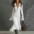 thumbnail image 3 of Women's Sweater Dress Knit Dress Long Sleeve Quarter Zip Bell Sleeve Fishtail Hem Bodycon Tight Dress for Winter,White,M, 3 of 6