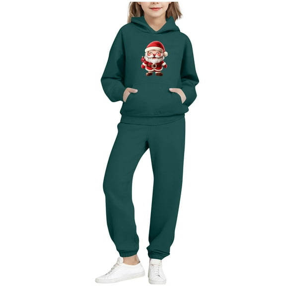 IVEYRTF Boys Girls 2 PC Set Christmas Print Hooded Sweatshirt and Pants Set Long Sleeve Fleece Lined Casual Fall Winter Activewear Outfit for Kids(Green,13 Years)