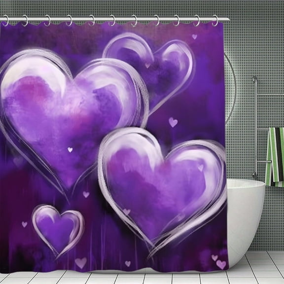Purple Hearts Artistic Romantic Print Shower Curtain,Modern Fabric Waterproof Shower Curtain Set with Hooks,70.8×70.8Inch