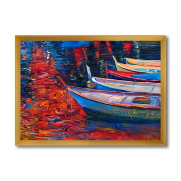Boats During Warm Sunset Resting On The Water IX 40 in x 30 in Framed Painting Canvas Art Print, by Designart