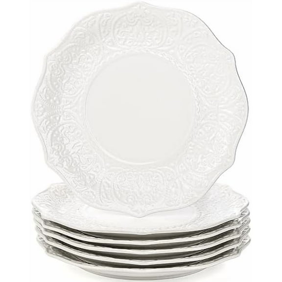 Set of 6 Salad Plate, 8 Inch Porcelain Dessert Serving Plates, Embossed Printing Small Dinner Dish for Pancakes, Steak, Microwave, Dishwasher Safe