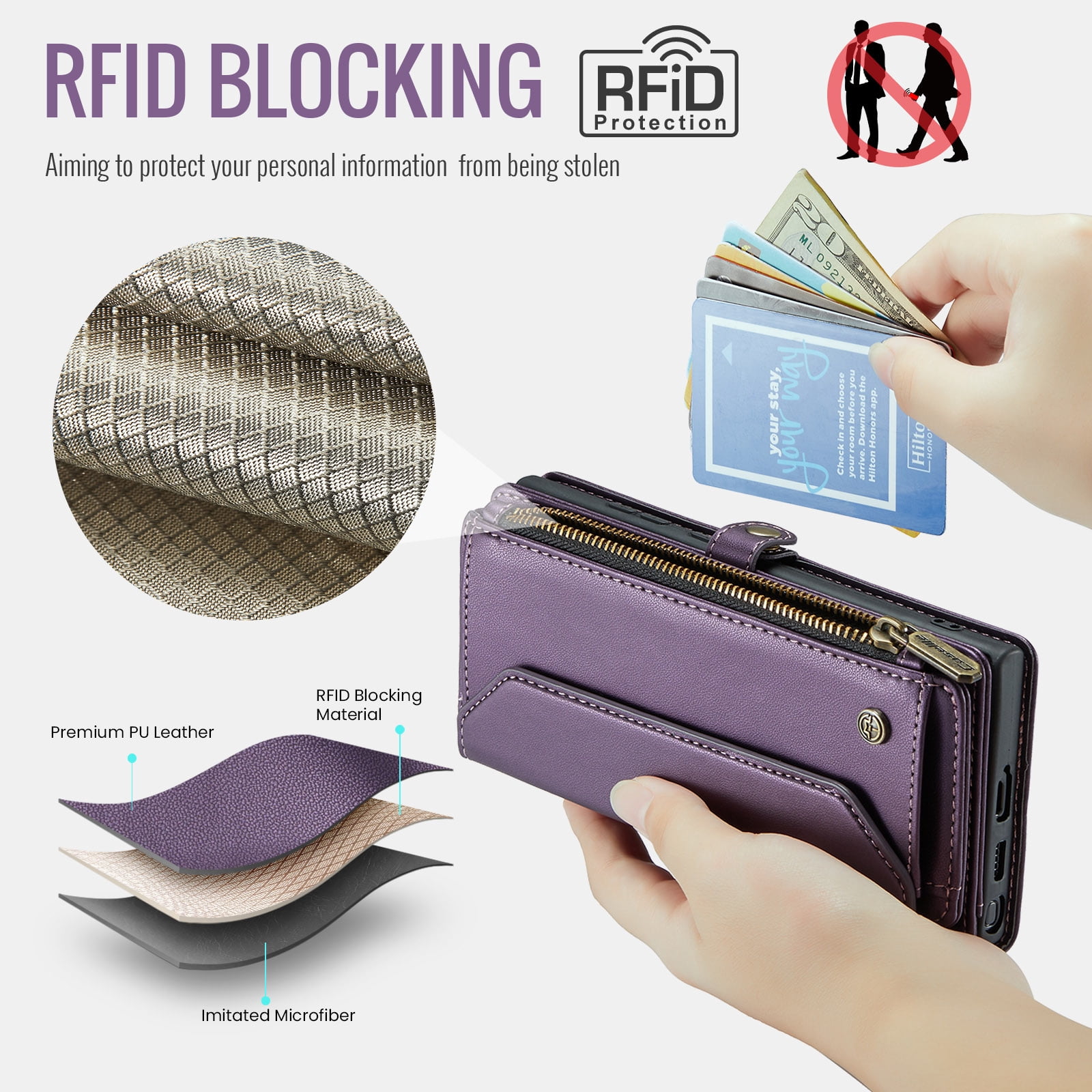 for Samsung Galaxy S22 Full Body Protection Wallet Folio Flip Case, Shoulder Strap & Wristlet Card Slots Zipper Pocket RFID Blocking Rugged Durable PU Leather Phone Case Cover, Purple