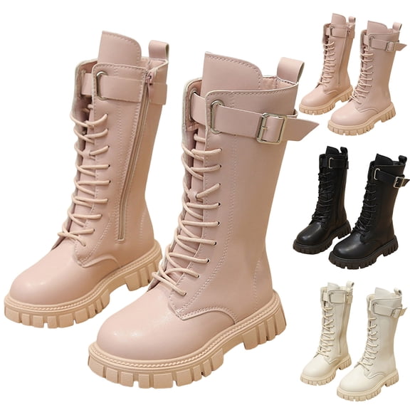 Dakaela 4-12Y Girl's Knee High Boots Lace up Side Zipper Combat Booties Winter Fashion Buckle Non Slip Long Riding Boot for Little Big Kid Black