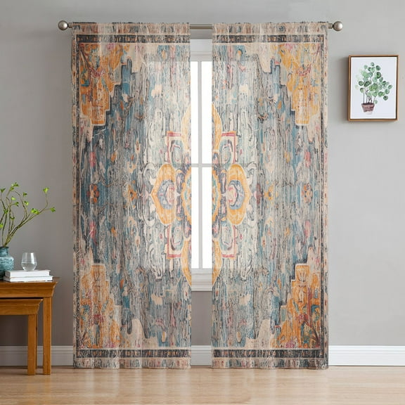 Geometric, Sheer Curtains 84 Inches Long 2 Panels Set, Window Sheer Curtains for Living Room/Bedroom, Vintage Shabby Chic Abstract Flower Ethnic Light Filtering Rod Pocket Curtain 52'' x 84'' x 2